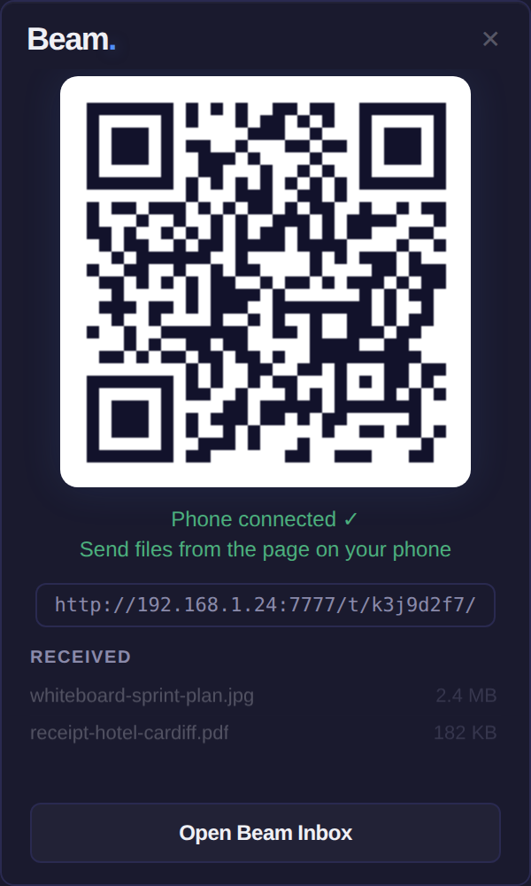The Beam desktop window: a QR code, a connected phone status, and two received files listed above an Open Beam Inbox button