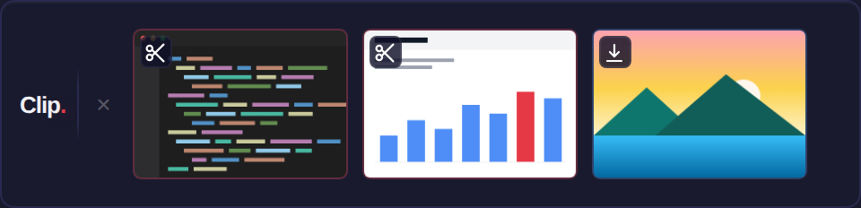 The Clip tray as it appears above the Windows taskbar: the Clip wordmark beside three draggable thumbnails
